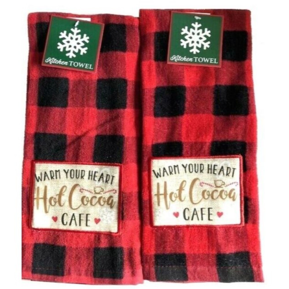 Christmas Kitchen Dish Towels Set of 2 Buffalo Plaid Check Red Black 100% Cotton